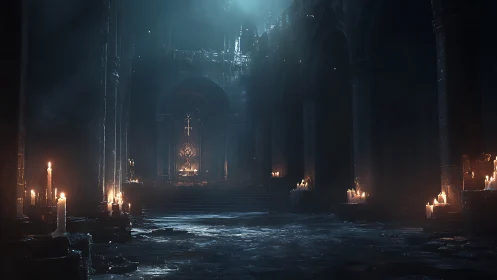 Gothic stone cathedral glows with cold candlelit haze.