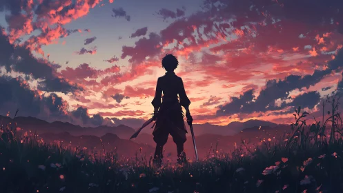Silhouetted swordsman stands in field under vivid sunset sky