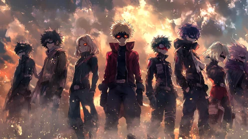 Seven masked anime fighters stand in fiery sunset haze.