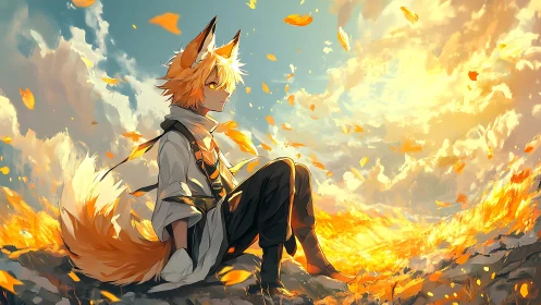 Fox-eared boy in dynamic golden backlight amid swirling petals