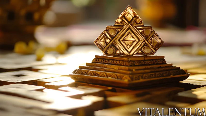 Golden geometric shrine glowing softly in afternoon light.