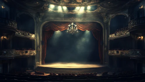 Baroque proscenium stage under volumetric spotlights at rest.