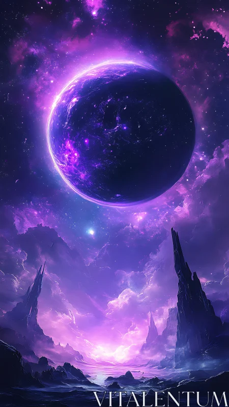 Cosmic violet exoplanet over crystalline alien seascape.