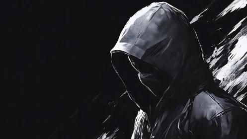 Hooded shadowed figure emerges from stark monochrome void.