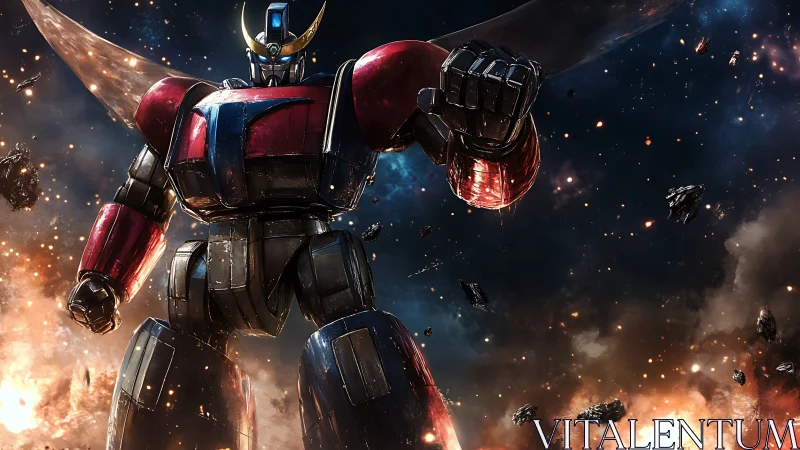 Colossal red mecha in cinematic deep space battlefield stance