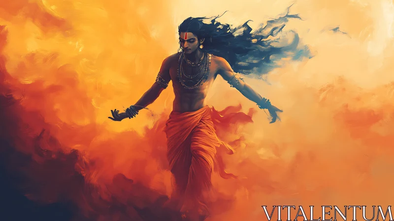 Fiery warrior deity strides through swirling orange clouds.