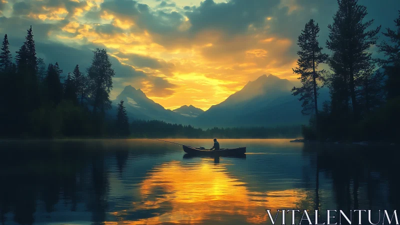 Quiet lake sunrise with a lone boat and glowing mountains.