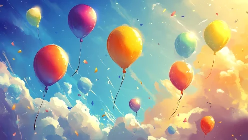 Colorful balloons drift across radiant painted sky.