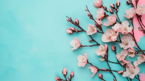 Cherry Blossom Branches with Delicate Pink Petals on Turquoise Background