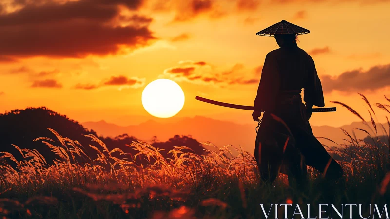 Wanderer with katana greeting a molten orange horizon.