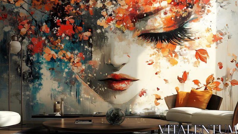 Soft autumn portrait gently transforms a modern living room wall