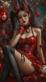 Red latex cosplay character in stylized fantasy setting.