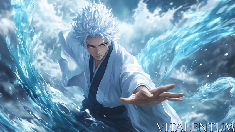 White haired anime warrior controls water with extended hand