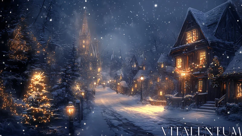 Snow-laden village street renders warm luminance against night sky