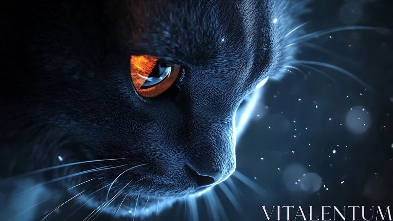 Digitally rendered feline close-up with luminescent amber iris and glowing blue energy field