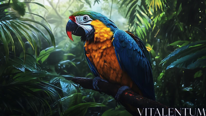 Vibrant Blue and Gold Macaw in Lush Rainforest, Photorealistic Style.
