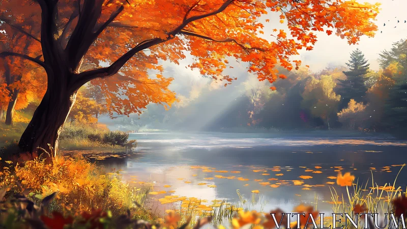 Autumn shoreline with orange foliage over still reflective lake