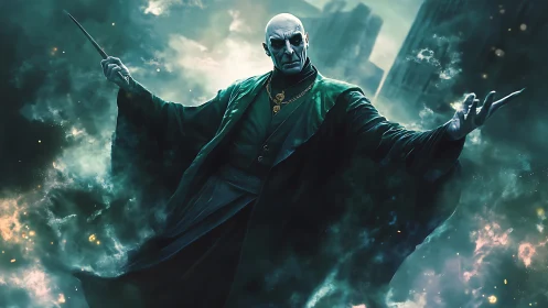 Dark cloaked sorcerer commands swirling green storm magic