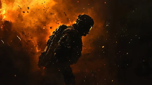 Soldier Silhouette Emerges from Inferno.