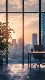 High-Rise Executive Workspace with Golden Hour Skyline Vista
