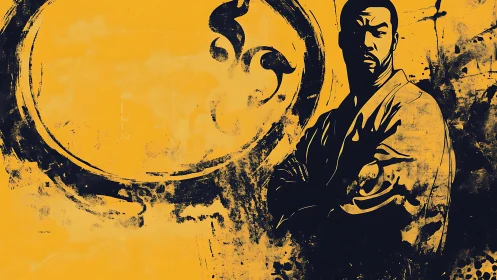 Martial artist stands defiant amid bold ink and amber haze