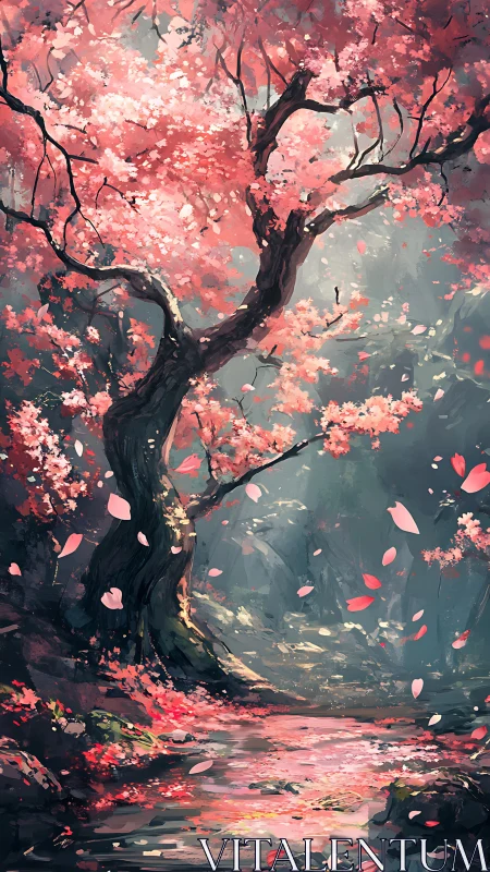 Twisting cherry blossom tree rises above reflective forest pool