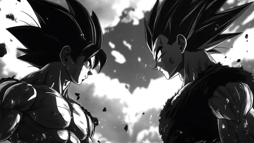 High-contrast anime duel rendered with dynamic rim lighting and debris