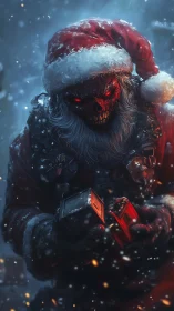 Nightmare Santa studies cursed gifts in the blizzard glow