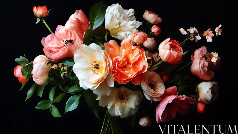 Luminous Botanical Arrangement Against Black Background Study.