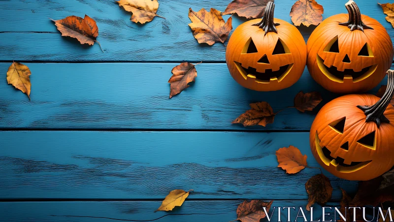 Three carved pumpkins rest on blue wooden planks