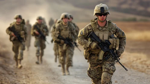 Soldiers move together along a dusty path in calm focus.