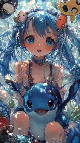 Aquatic anime girl with luminous blue hair and marine mascot