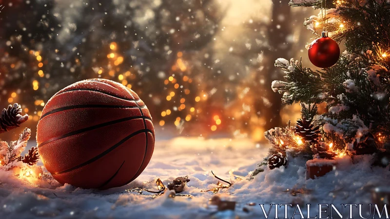 Snowy basketball rests beside a glowing Christmas tree
