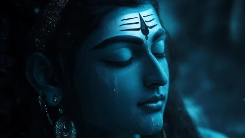 Serene blue-faced figure in deep peaceful meditation.