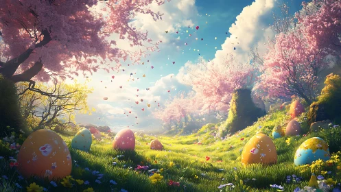 Painted spring eggs bask under drifting petals and sunlit clouds