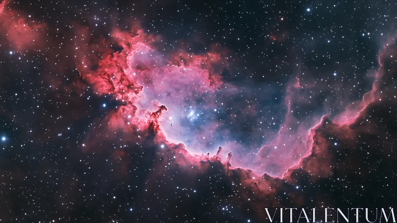 Blossoming pink nebula cradling a bright newborn starfield.