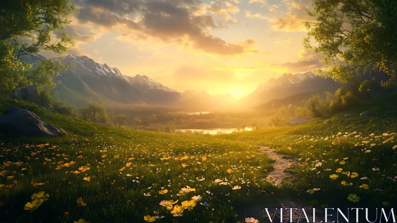 Golden valley sunrise bathes wildflower meadow in light.