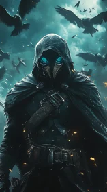 Hooded crowcaller stalks the storm with neon plague eyes