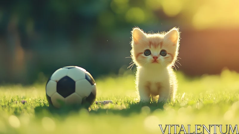 Backlit kitten and soccer ball in shallow-depth field study.