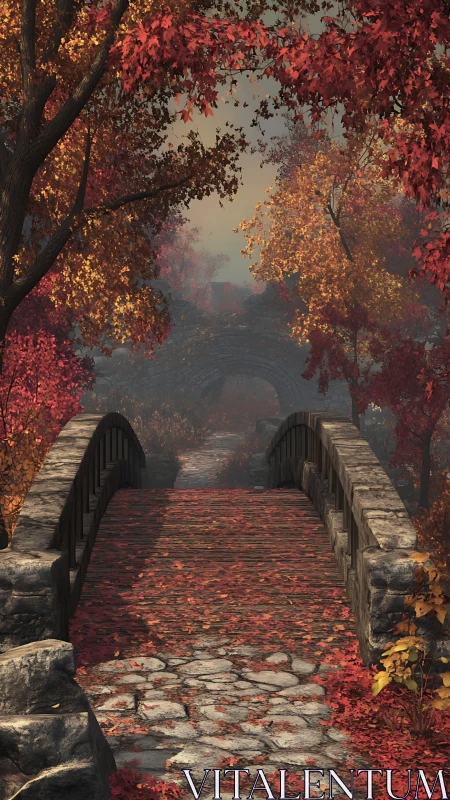 Stone bridge in dense autumn forest with fallen leaves.