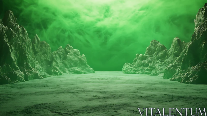 Iridescent alien canyon under luminous toxic green sky.