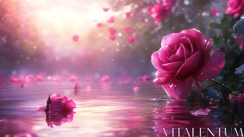 Pink roses floating in reflective water with ethereal light rays