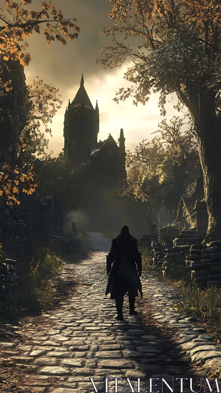 Cloaked wanderer meets brooding church at dusk&rsquo;s last glow.