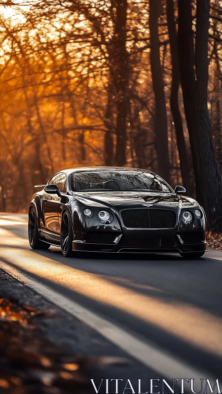 Sleek black luxury coupe powers through a golden forest road