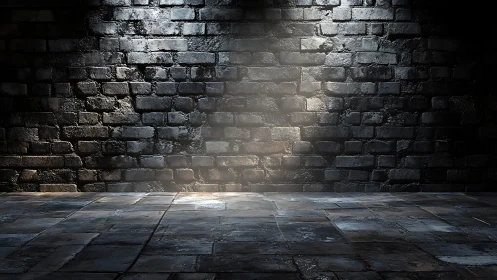 Moody stone wall with cold spotlight on worn floor.