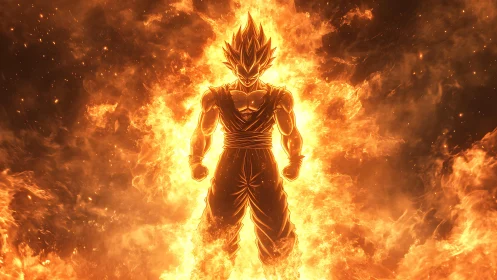 Fiery anime warrior silhouette stands engulfed in blazing aura