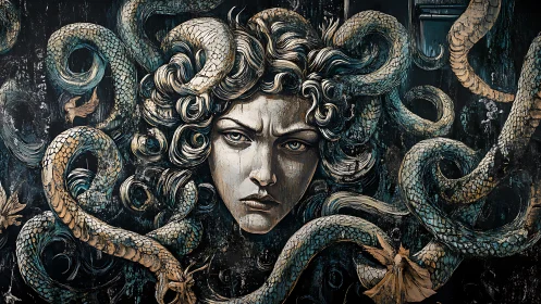 Medusa portrait with high-contrast chiaroscuro and coiled serpents