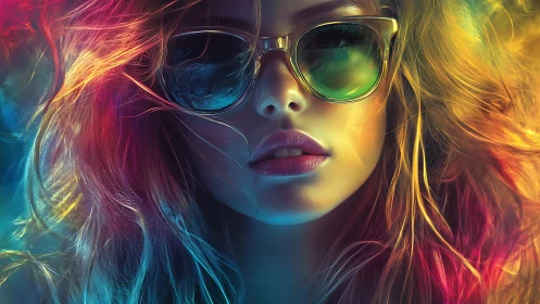 Neon gradient portrait with reflective sunglasses and chromatic hair.