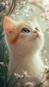 White Cat with Heterochromia Gazing Among Delicate Flowers