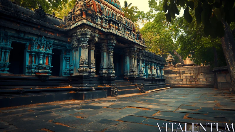 Old stone temple corridor stands under dense green trees